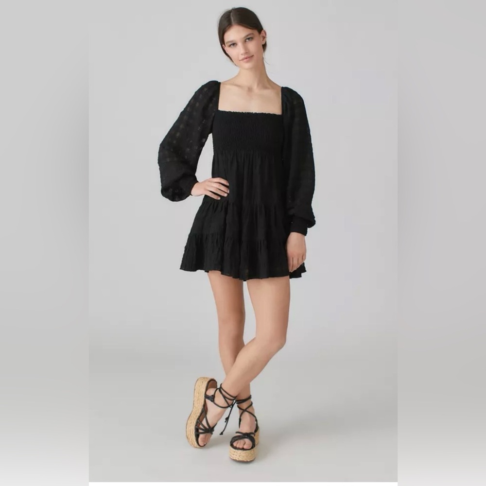 Urban Outfitters L Black Smocked Bodice Babydoll Mini Dress